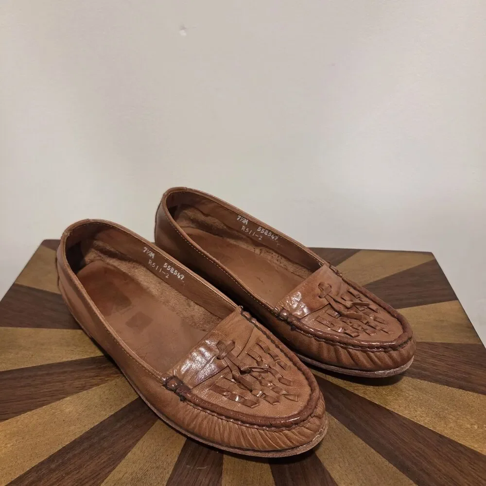 True Vintage Dexter USA Leather Loafers Moccasin US 7.5 Woven Brown 70s 80s Boho